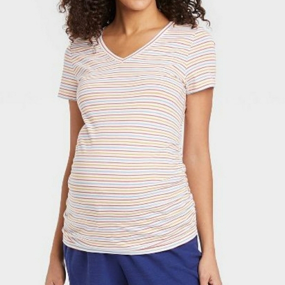 Isabel Maternity by Ingrid & Isabel V-Neck Multi-Striped Side Shirred T-Shirt M - Picture 1 of 7